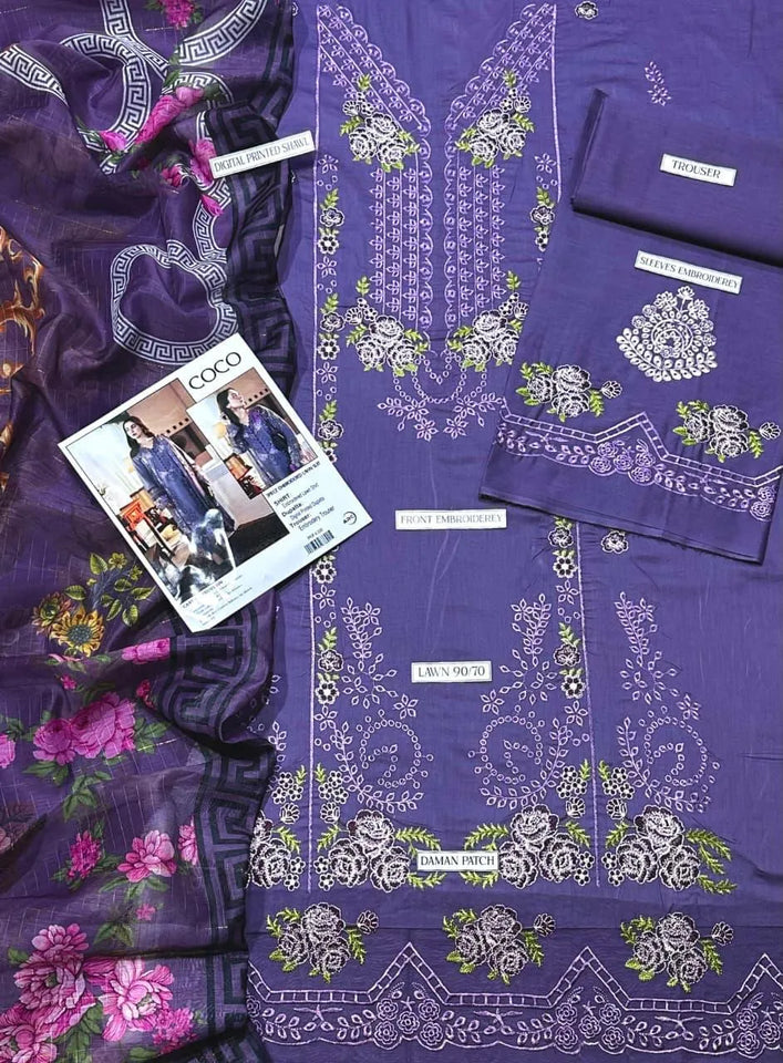 3 Pcs Women's Unstitched Embroidered Suit