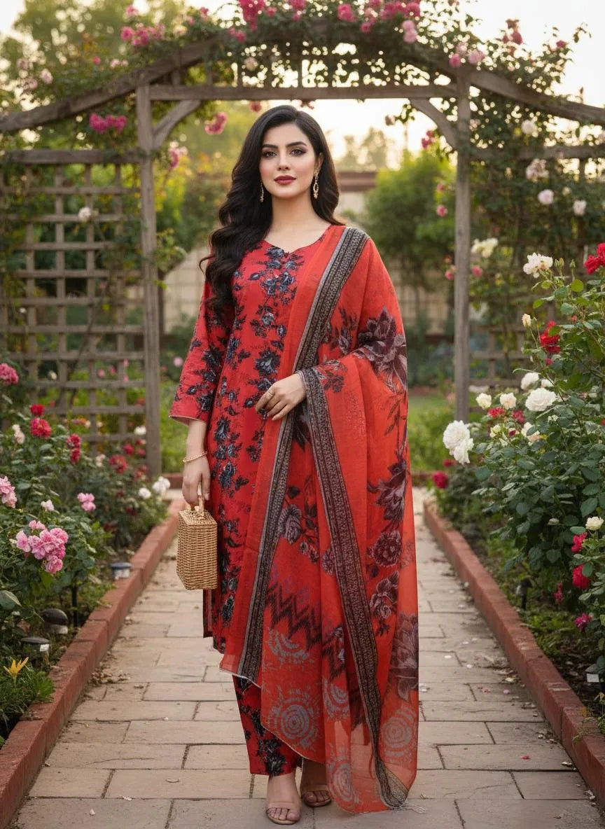 Eid Collection 3 Pcs Women's Stitched Cotton Lawn Printed Suit