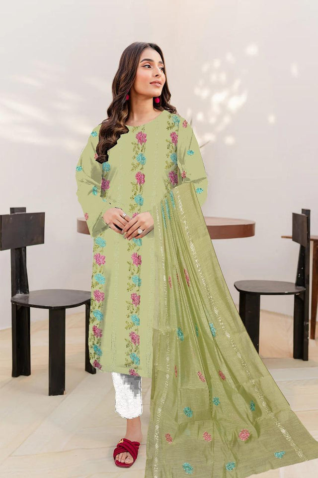 3 Pcs Women's Unstitched Paper Cotton Embroidered Suit