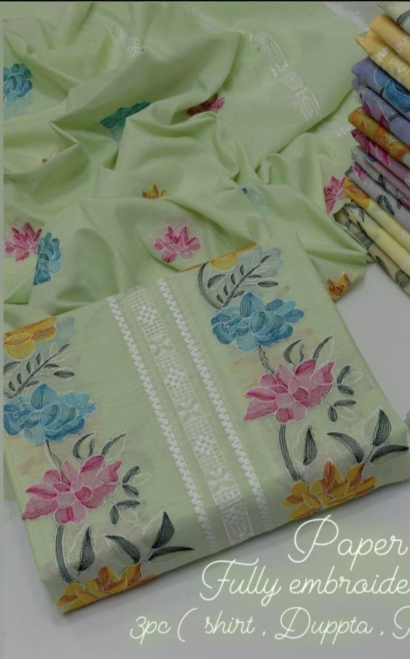 3 Pcs Women's Unstitched Paper Cotton Embroidered Suit